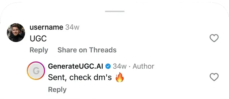 A user comments on a GenerateUGC.AI post and gets an instant auto-reply