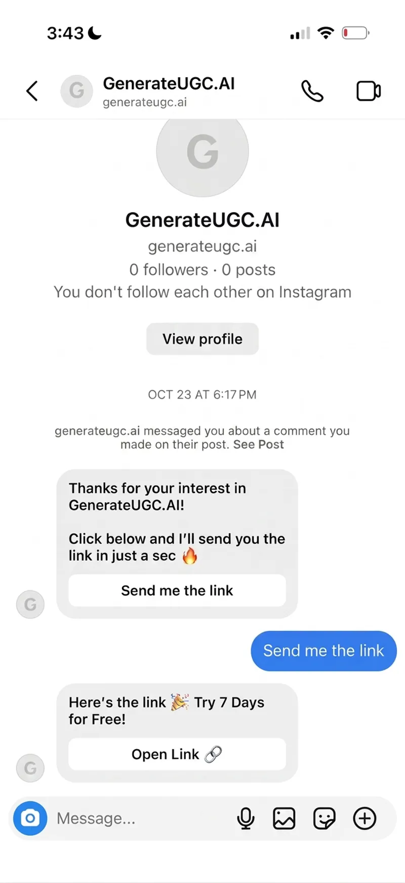 The automated Instagram DM that delivers the link and a free trial